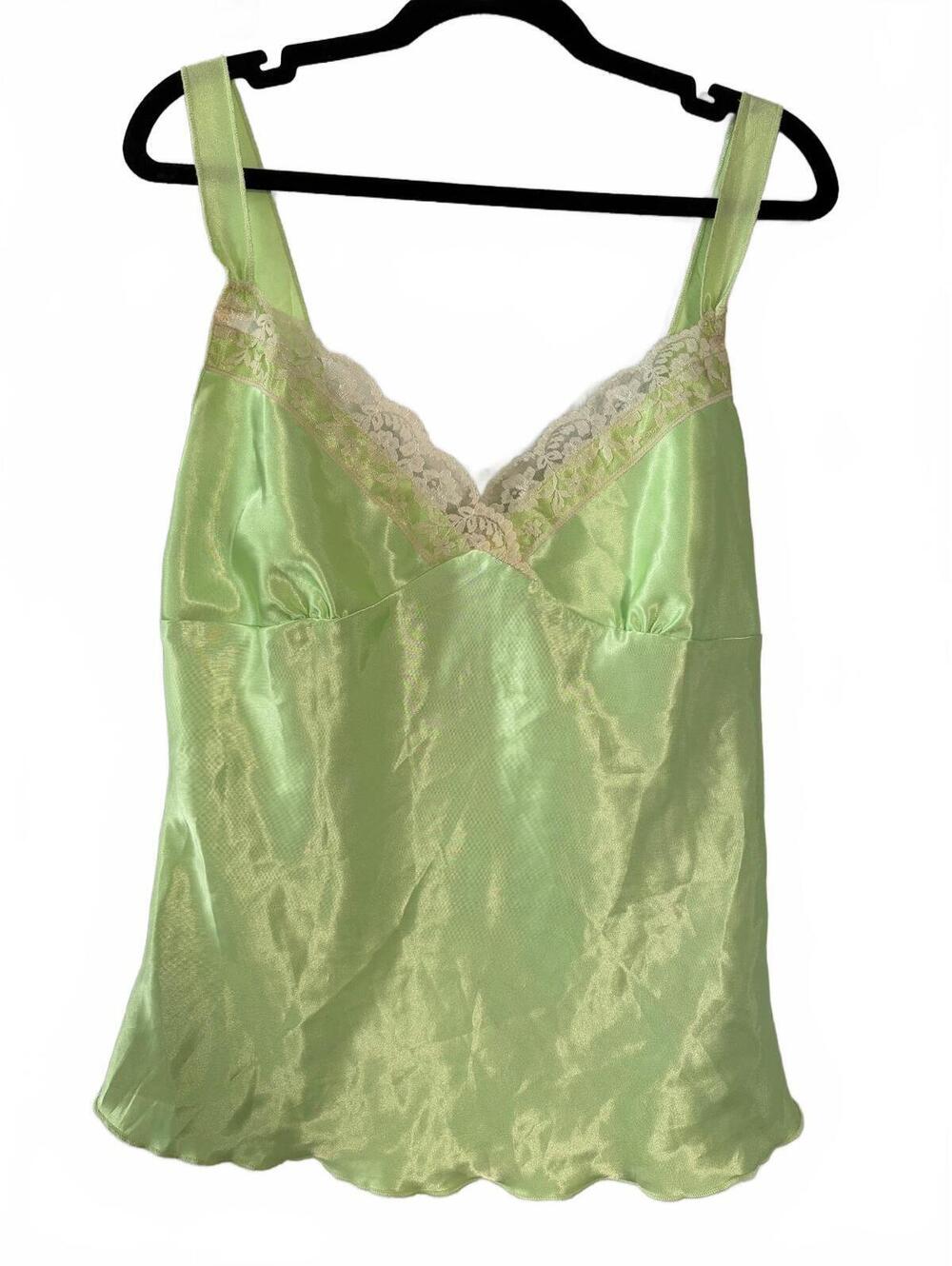 Vintage TG Camisole Tank Top Size L Lime Green Satin-Look Lace Trim V-Neck